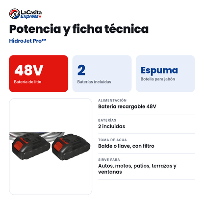 HidroJet Pro™ Hidrolavadora Inalámbrica 48V con 2 Baterías